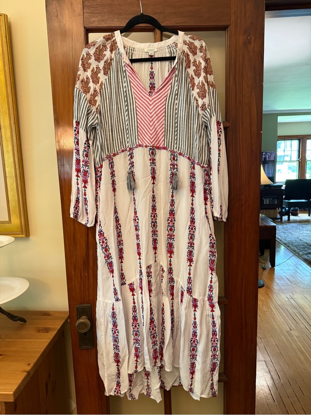 Sundance White Maxi Dress with Pink & Red Embroidery